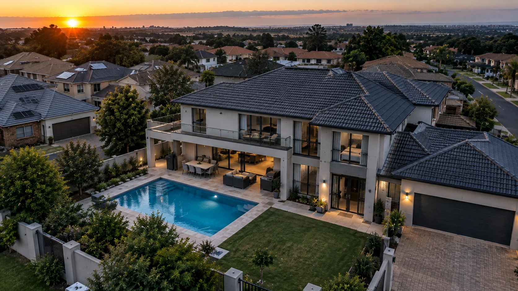 Illustration of a modern suburban property at sunset
