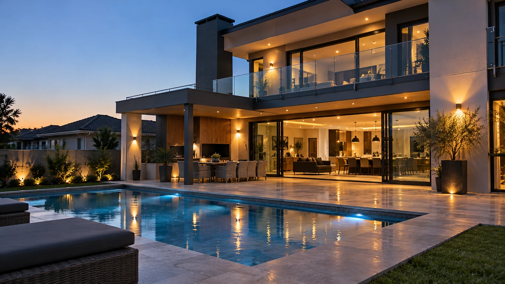 Illustration of a modern luxury home and pool at twilight